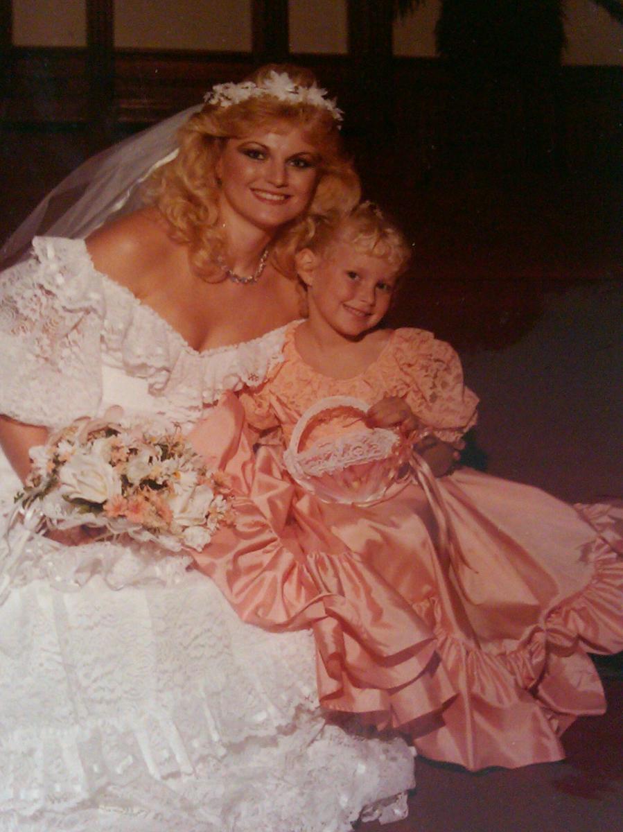 My 1984 wedding gown and tiniest bridesmaid/flower girl in the style of Diana's bridesmaids.