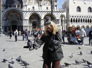 Renee with Pigeons gone wild in Piazza San Marco, Venice, Italy